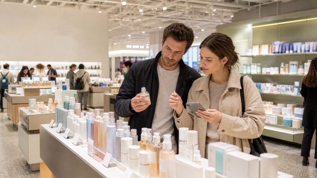 Travelers comparing skincare in a Seoul shop