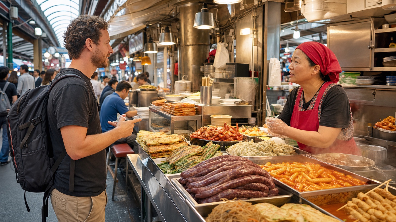 Travelers choosing dishes at a covered food market — Gwangjang Market Sunday Food Stall Hours