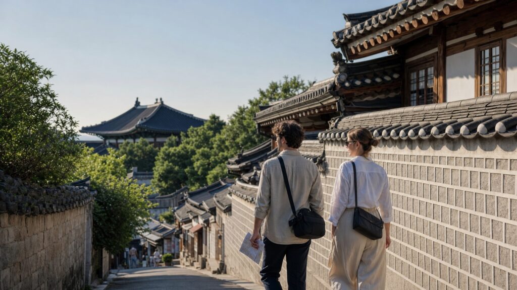 Travelers walking through historic central Seoul
