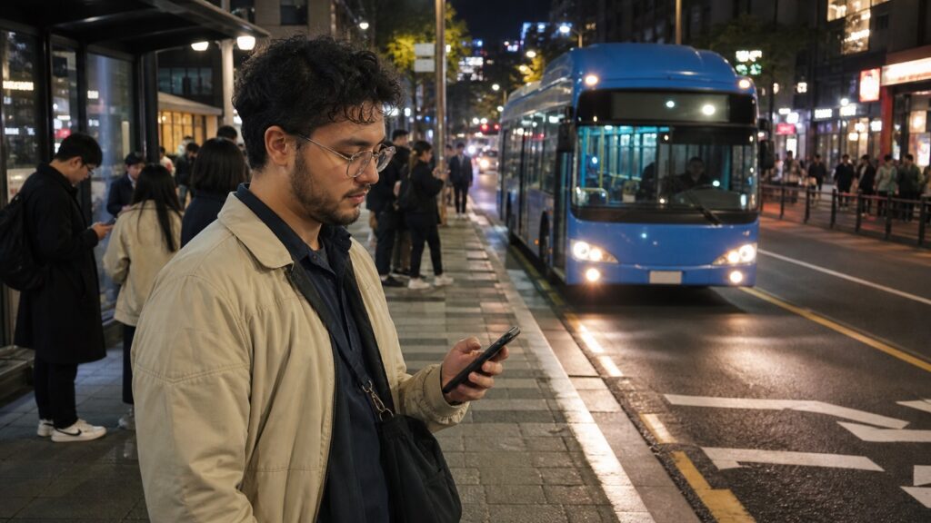 Traveler waiting for a Seoul night bus