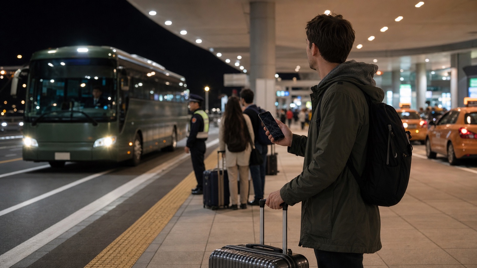 Traveler at airport night bus stop