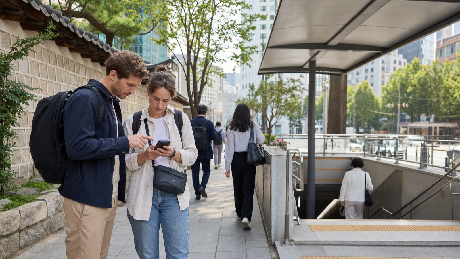 Travelers checking directions at a subway entrance