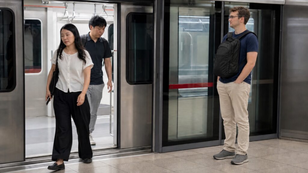 Passengers exiting a Seoul subway train