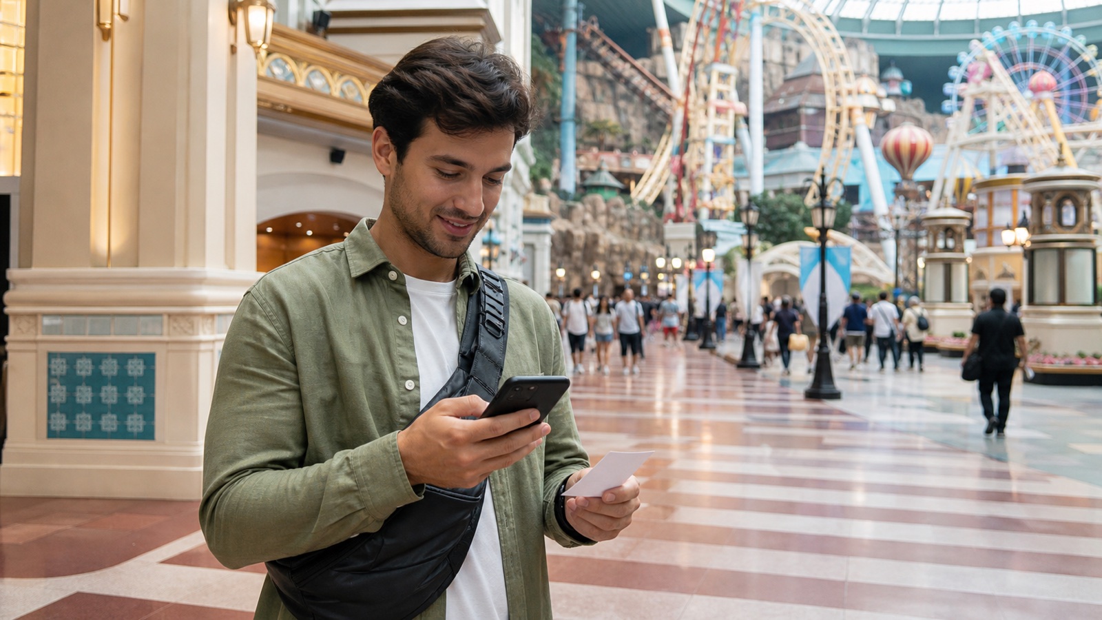 Travelers planning rides at a theme park