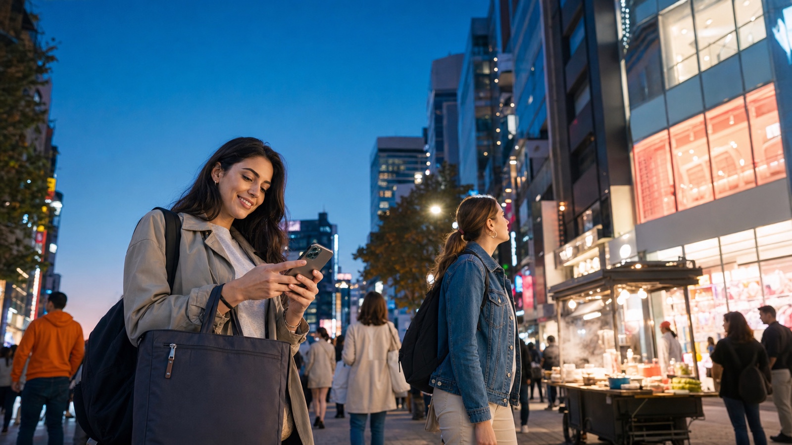 Travelers exploring Myeongdong at dusk