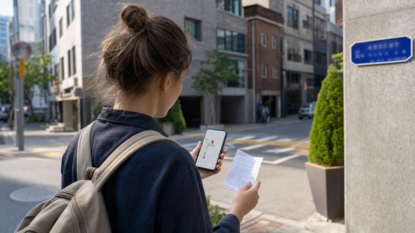 Traveler checking a Korean hotel address