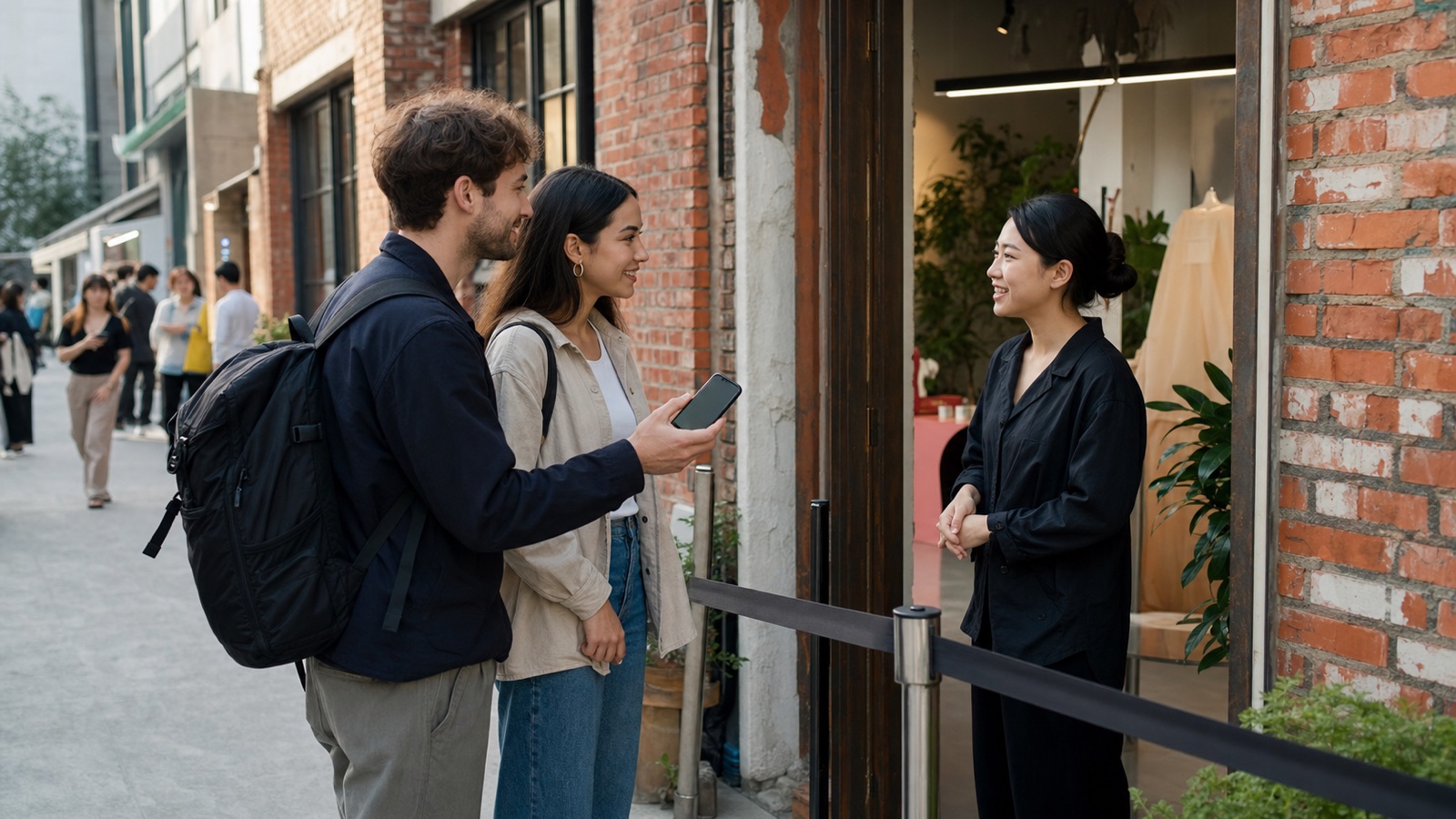 International visitor checking a Seongsu pop-up reservation before joining the queue
