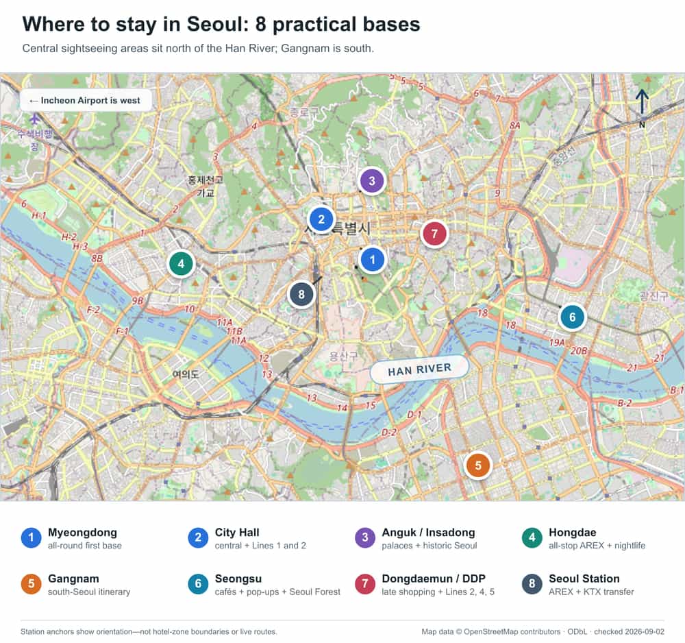 Seoul map showing Myeongdong, City Hall, Anguk and Insadong, Hongdae, Gangnam, Seongsu, Dongdaemun and Seoul Station relative to the Han River