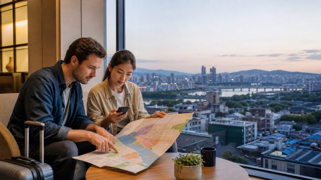 Travelers comparing Seoul hotel areas