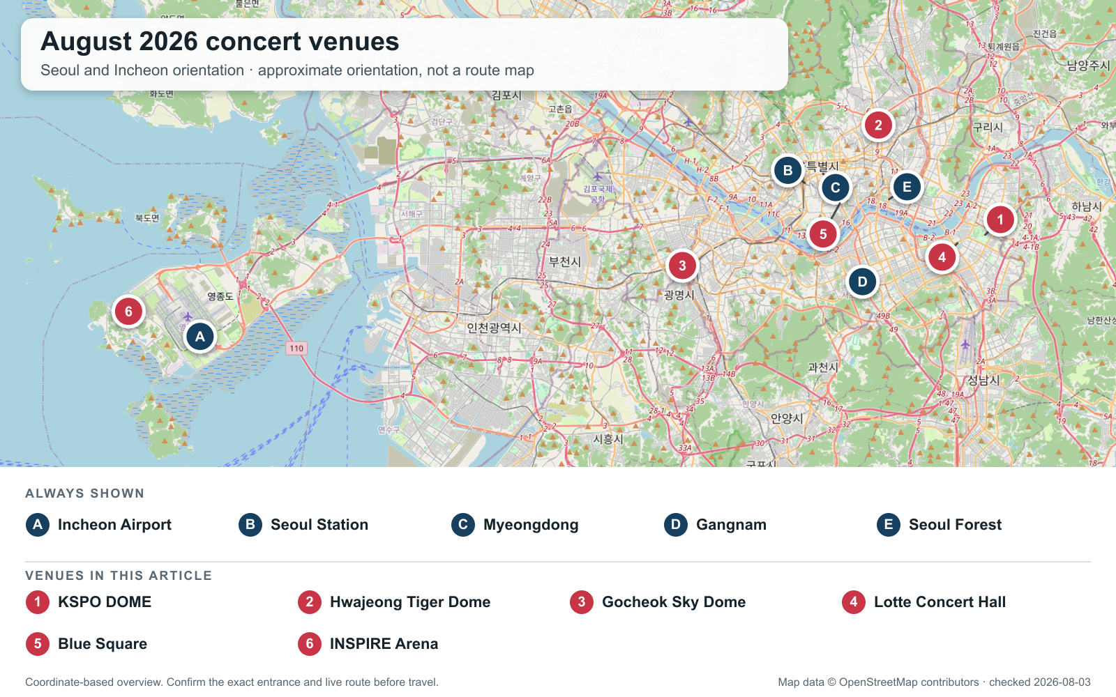 Capital-area map showing August 2026 concert venues and five Seoul orientation points