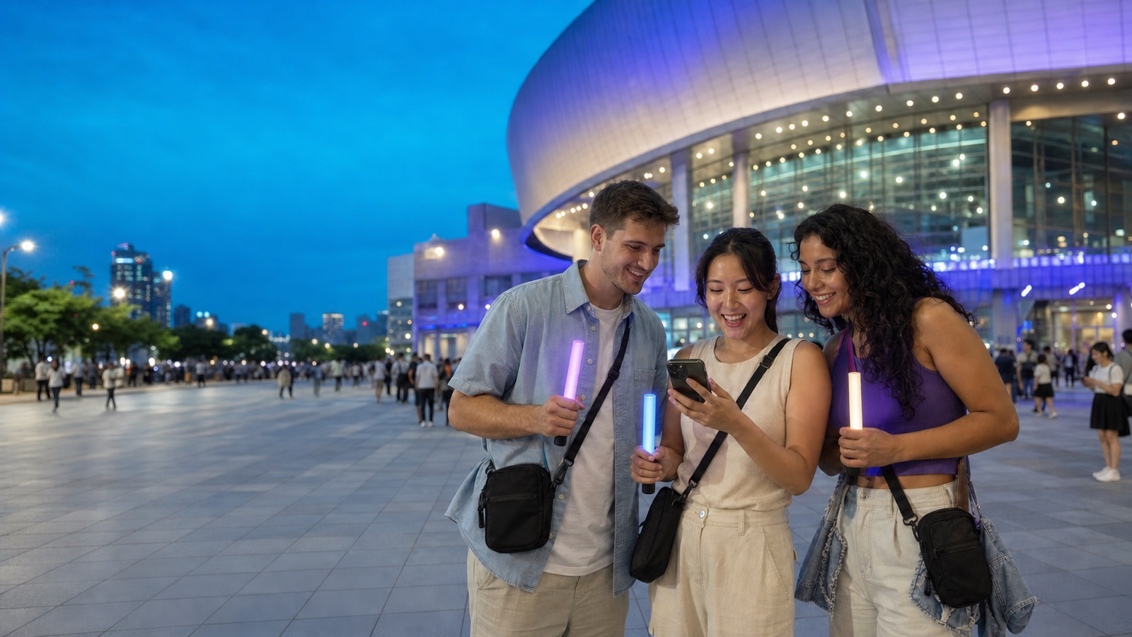 Travelers checking a concert venue before a show — August 2026 K-Pop Concerts