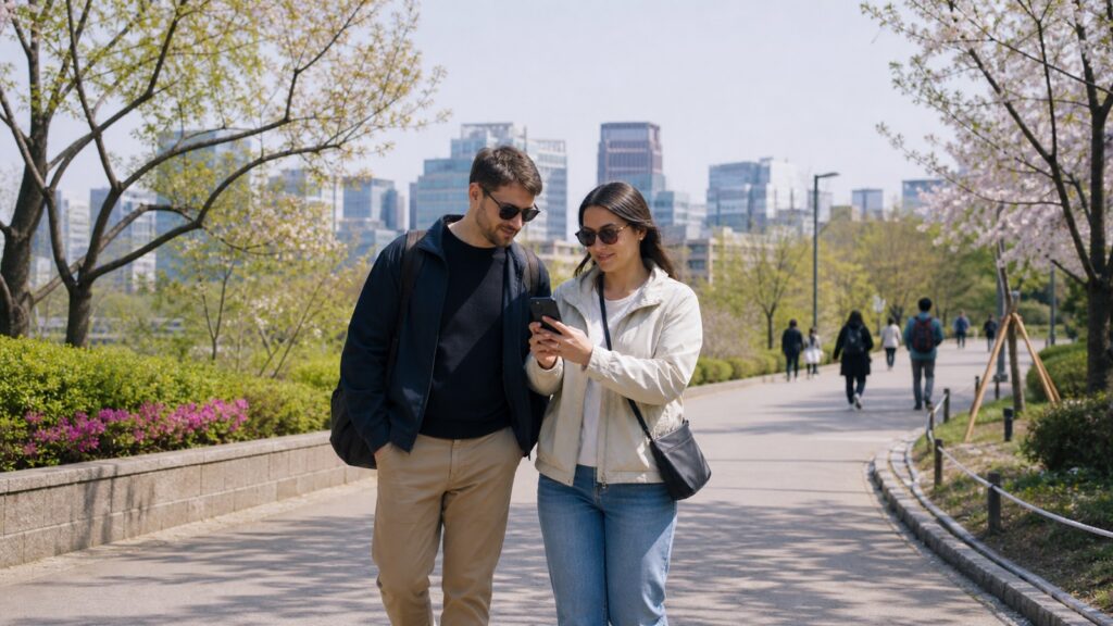 Travelers walking through Seoul in spring