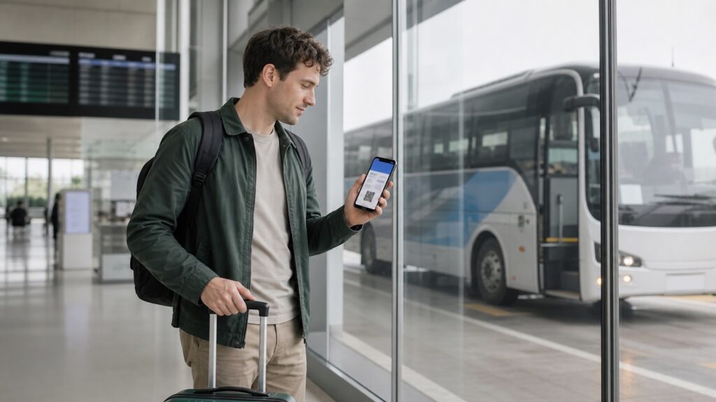 Traveler checking an intercity bus ticket