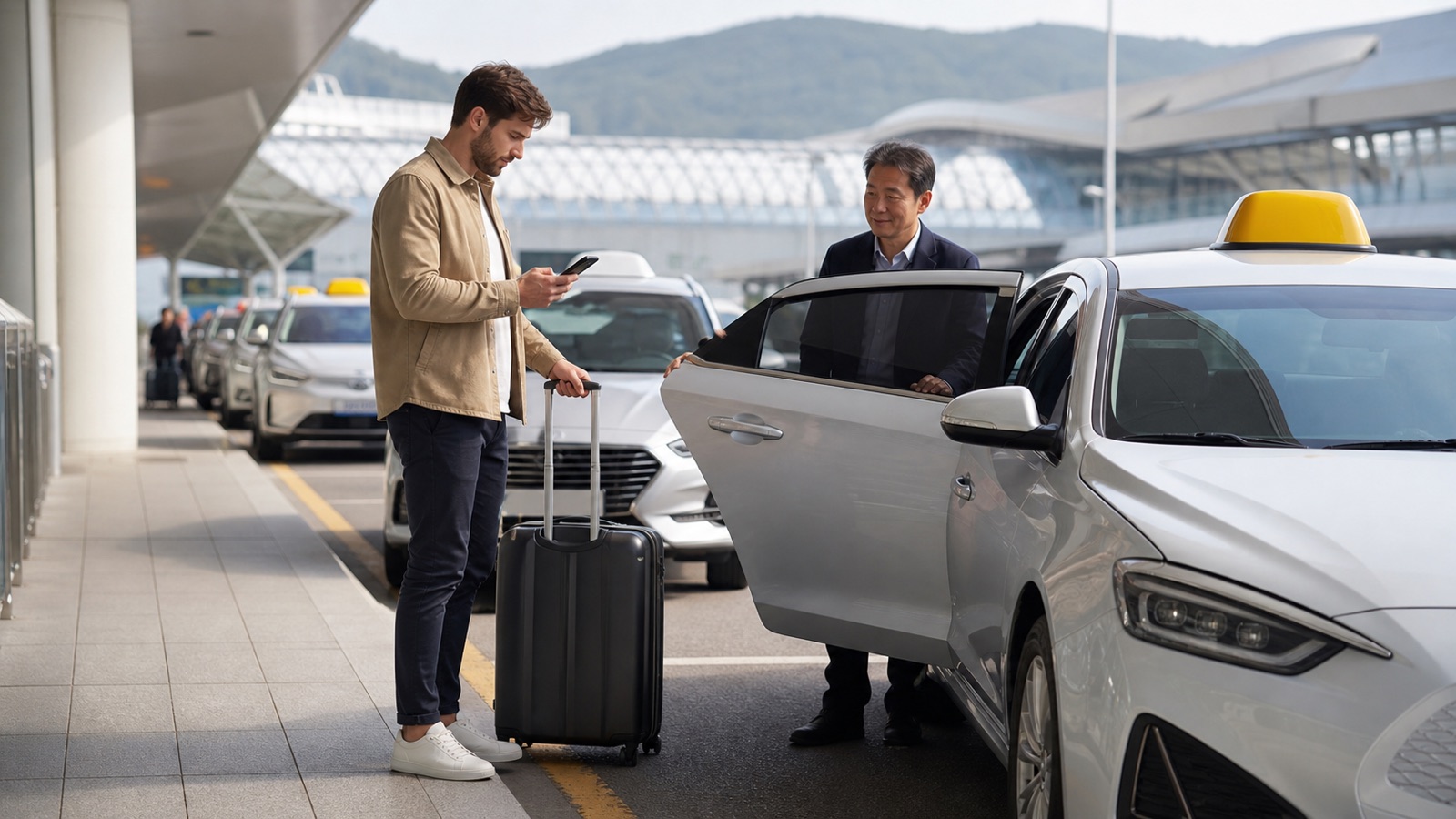 Traveler checking a taxi at an airport