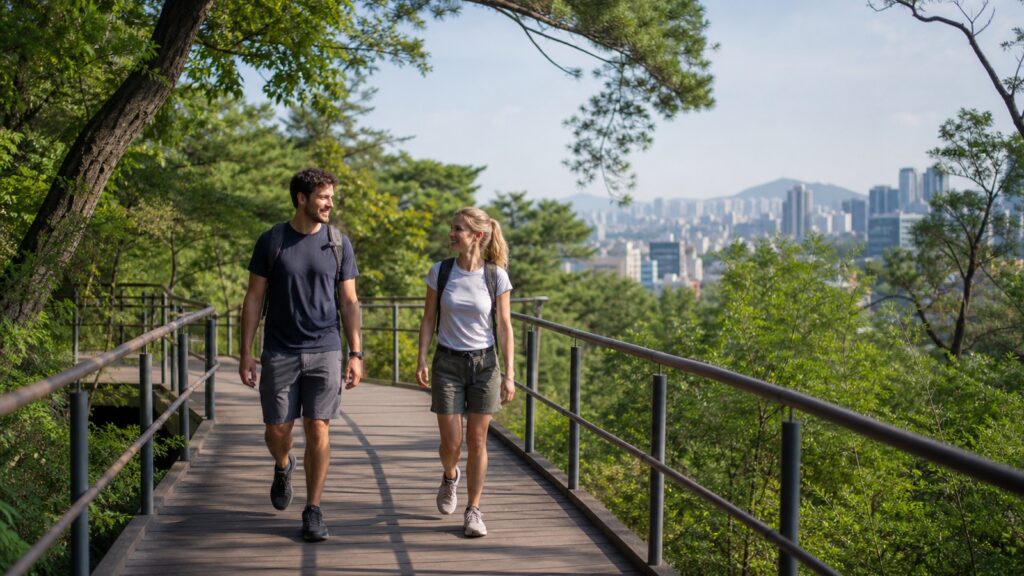 Travelers enjoying an easy hiking trail in Seoul