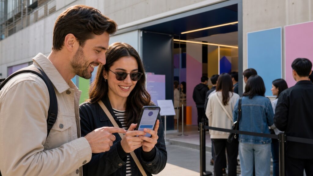 Travelers checking a reservation outside a temporary Seoul pop-up store
