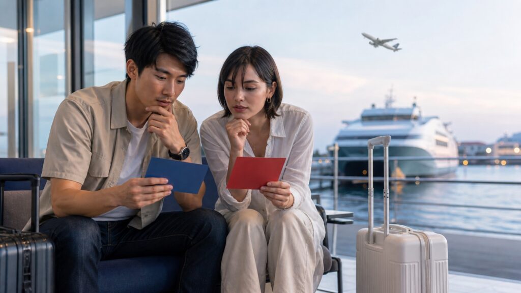 Travelers comparing a Fukuoka flight with a Busan ferry