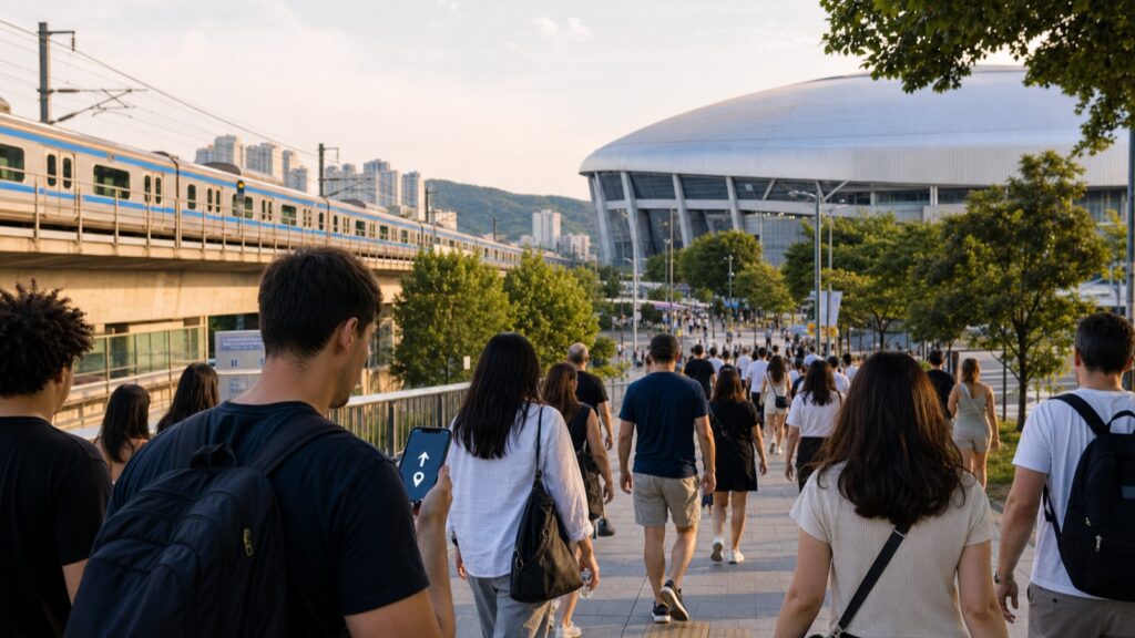 Concert travelers walking from an elevated subway toward a domed arena