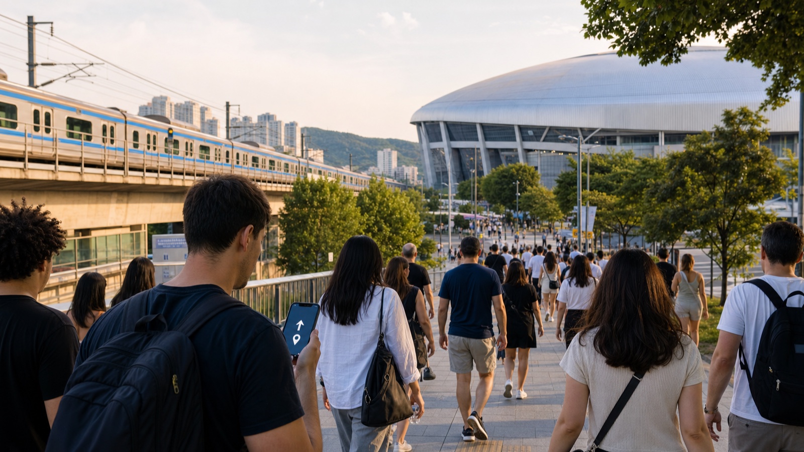 Concert travelers walking from an elevated subway toward a domed arena