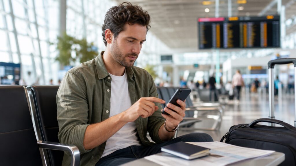 Traveler preparing Korea entry documents at an airport