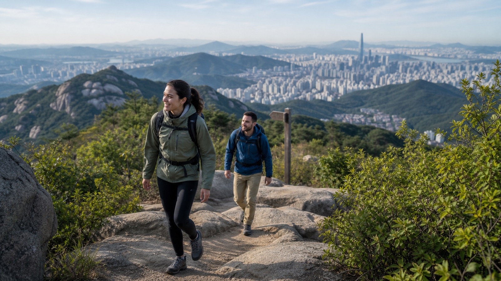 Travelers enjoying a safe Korea hiking trail above Seoul