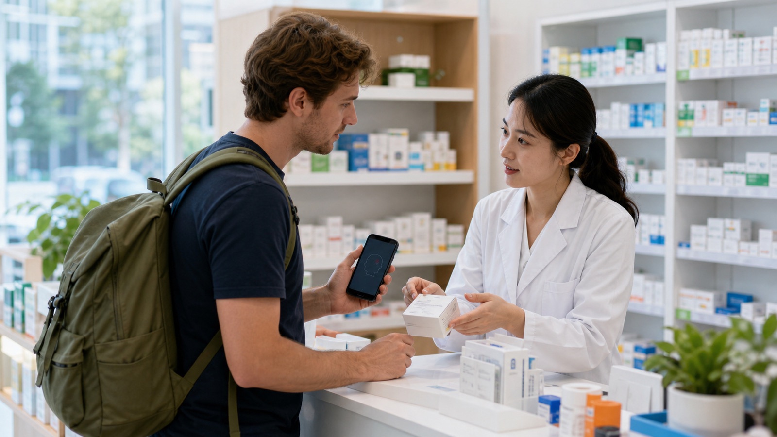 Tourist asking for help at a Korea pharmacy
