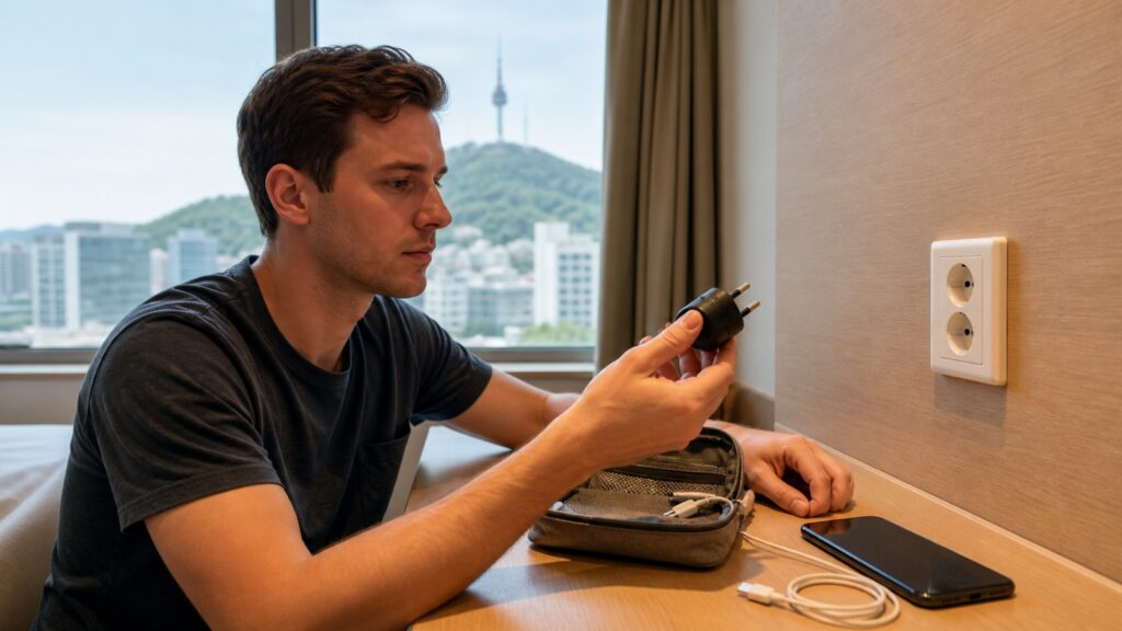 Traveler checking a Korea power adapter beside a round-pin outlet