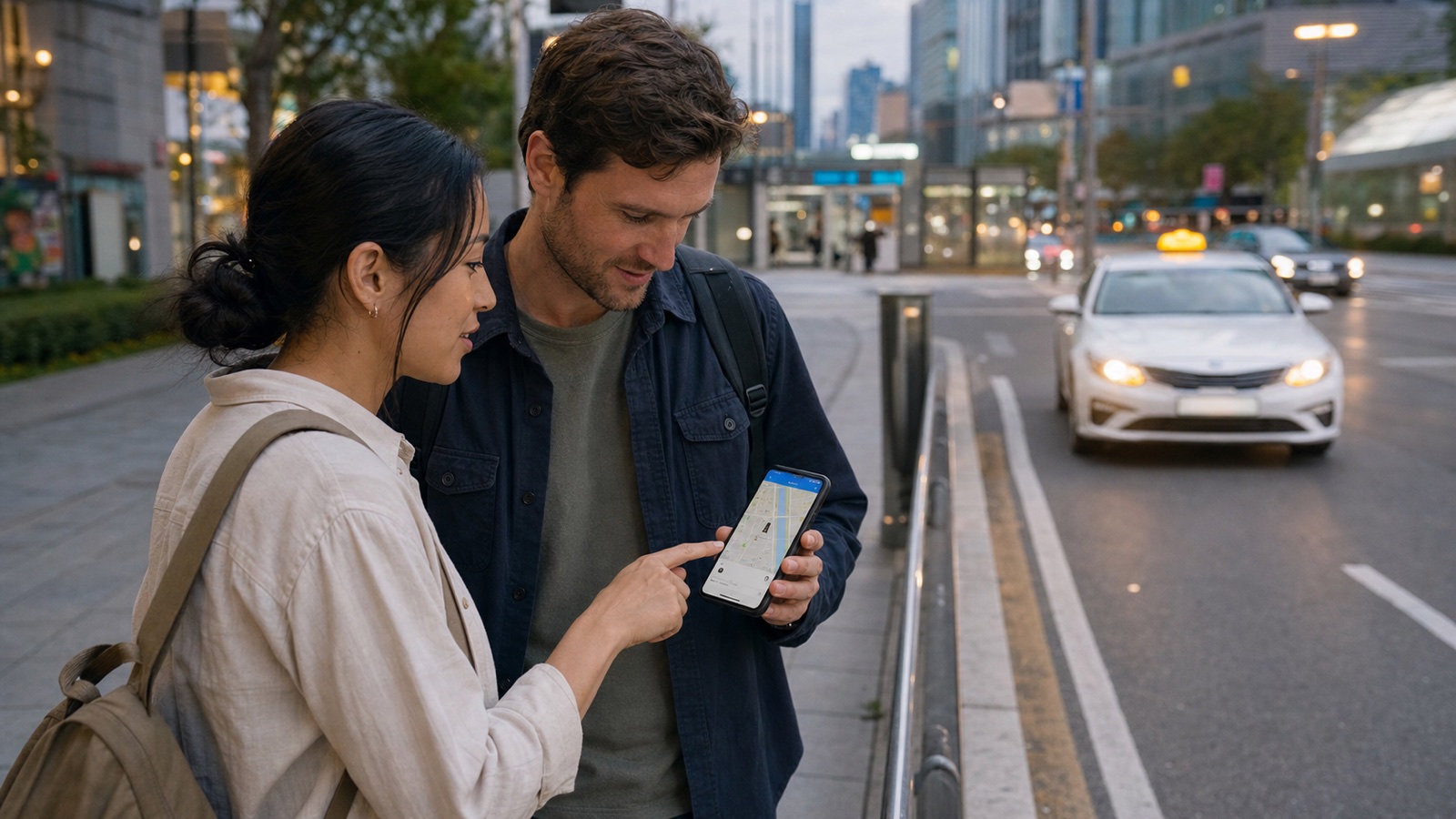 Travelers checking a taxi app in Seoul — Korea Taxi App