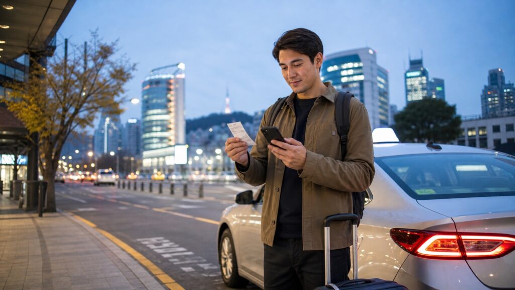 Traveler checking a taxi receipt in Seoul