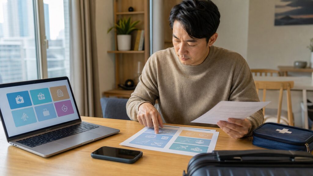 Traveler comparing Korea travel insurance coverage