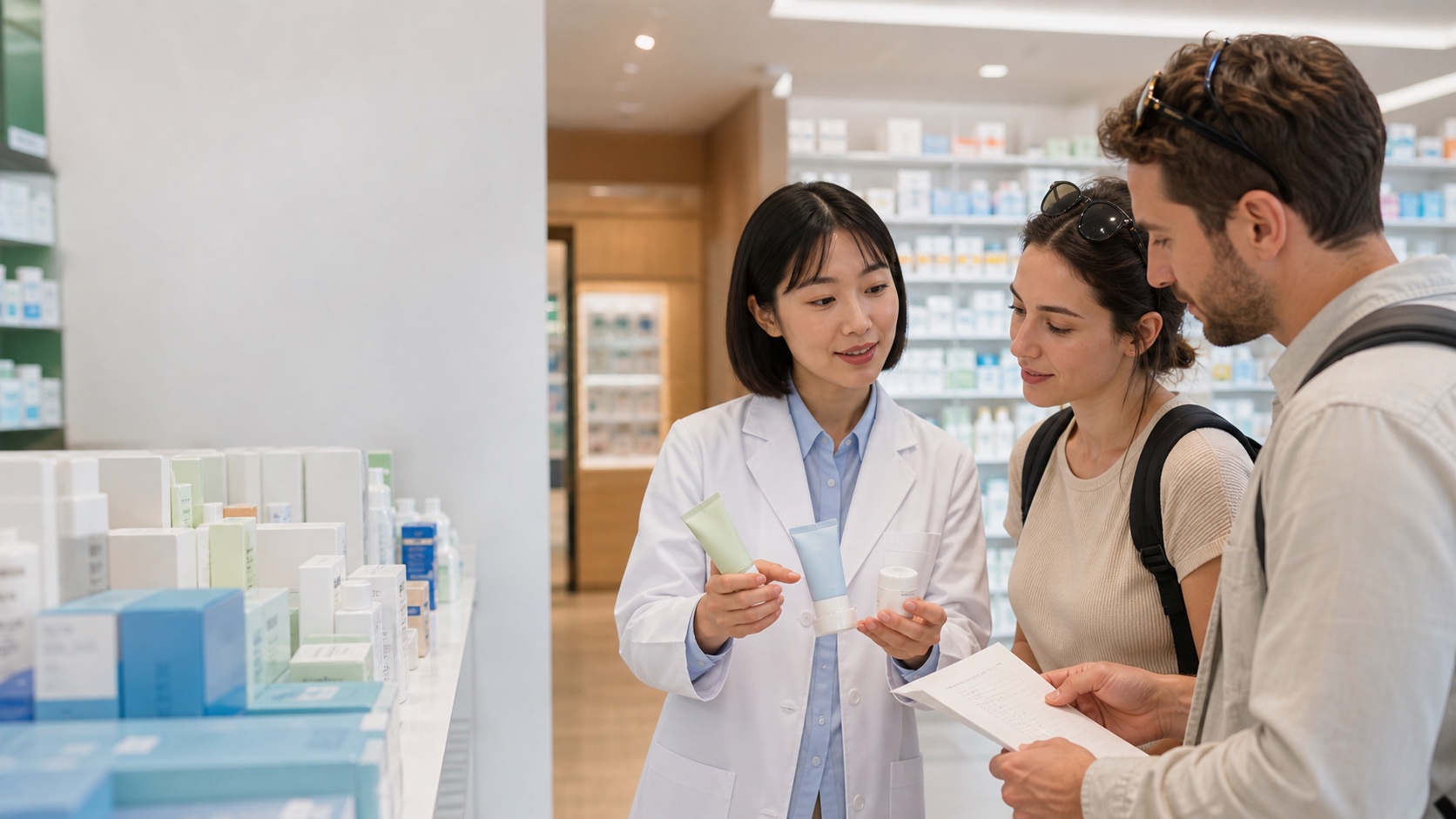 Travelers comparing pharmacy-only skincare with a Korean pharmacist