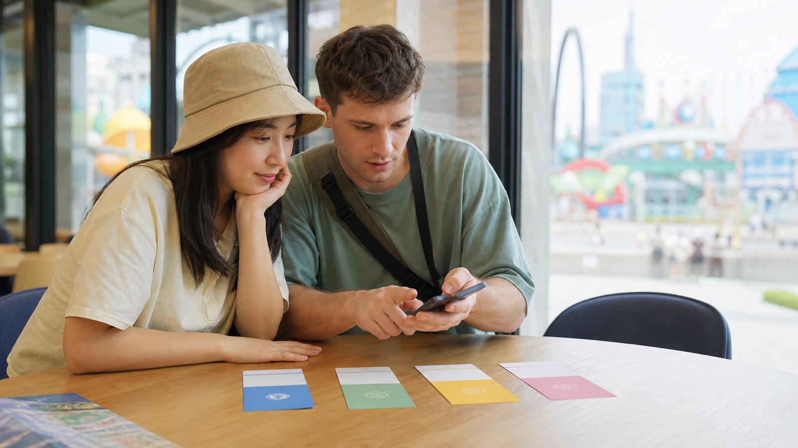 Travelers comparing theme park pass options