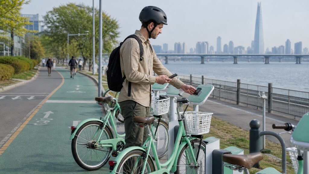 Seoul bike rental for foreigners beside the Han River