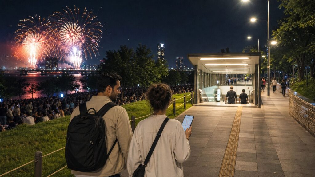 Travelers leaving fireworks by subway