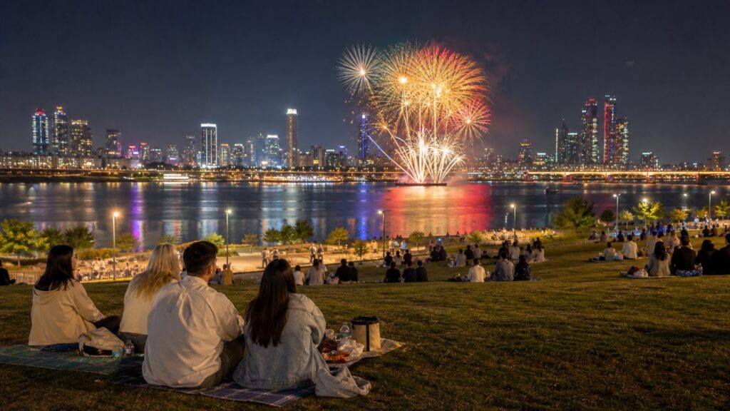 Travelers watching riverside fireworks