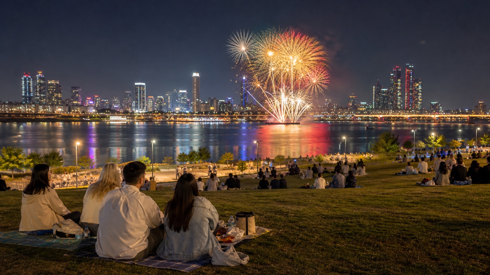 Travelers watching riverside fireworks