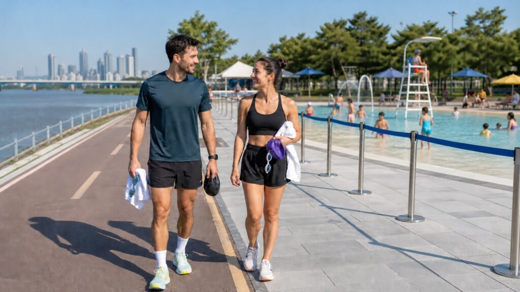 Runners preparing to enter Seoul Hangang pools after changing