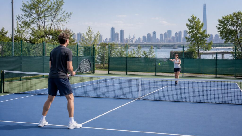 Visitors playing at Seoul public tennis courts beside the Han River