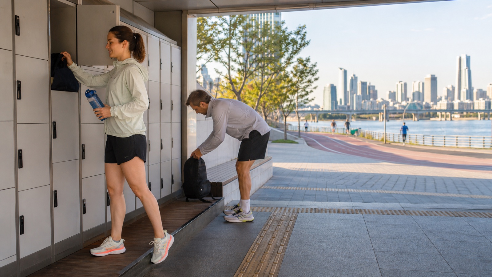 Travelers using lockers before Seoul running routes