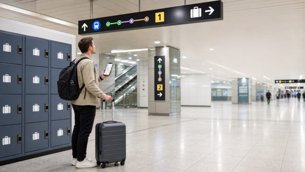 Traveler finding Seoul subway locker locations by station exit signs