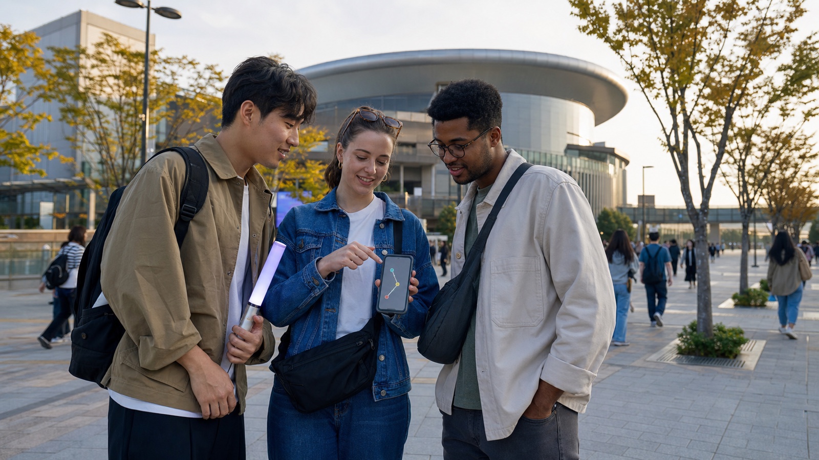 Travelers comparing concert venue routes