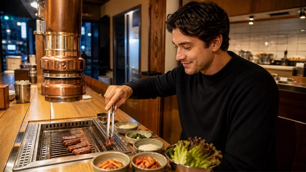 Solo diner grilling beef at a counter