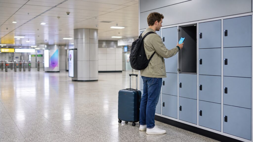 Traveler using the T-Locker Seoul app beside subway luggage lockers