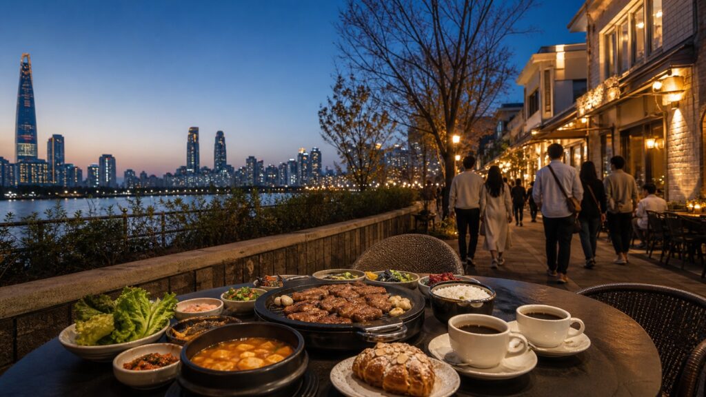 Lakeside dinner and cafe stop in Seoul