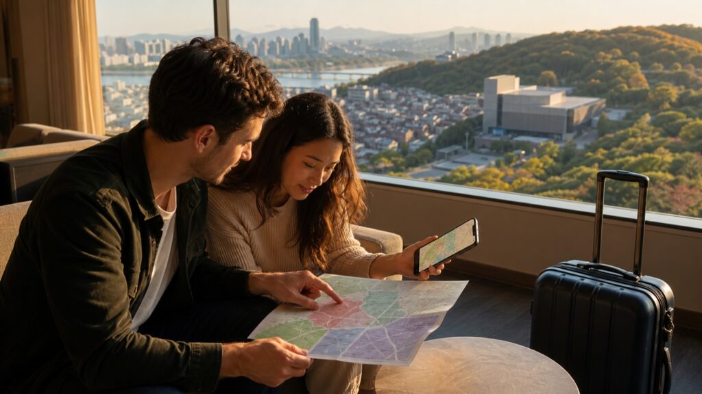 Travelers comparing eastern Seoul hotel areas