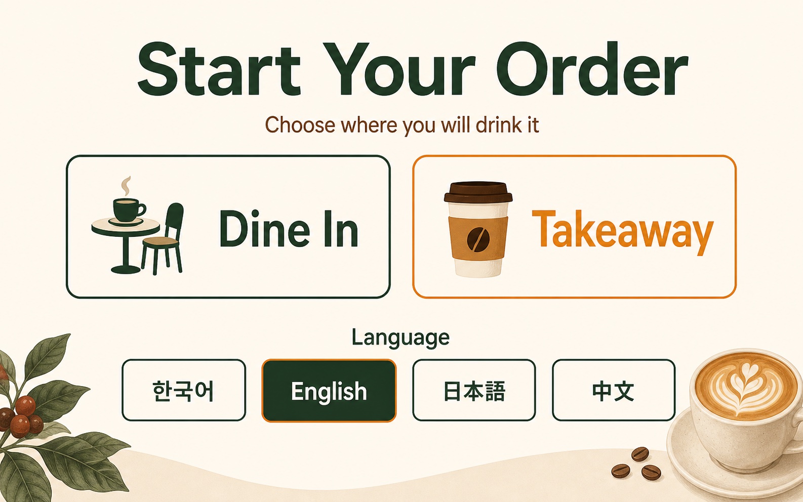 Cafe kiosk screen for choosing dine-in or takeaway and English