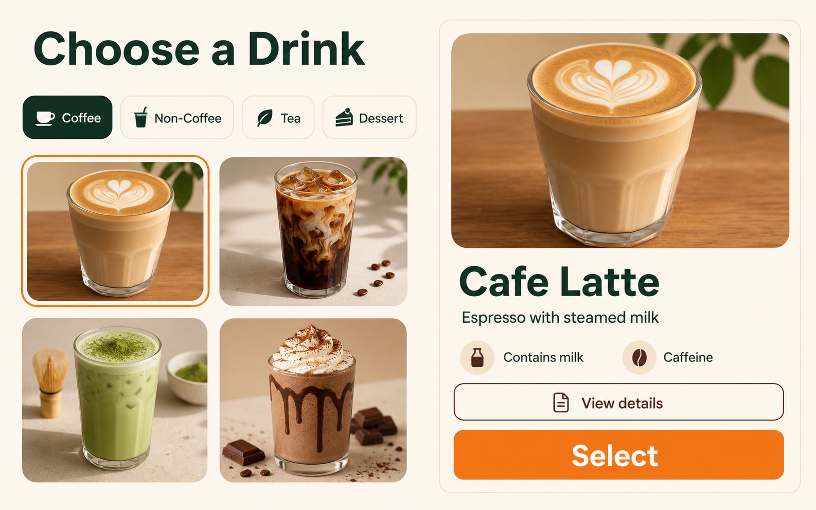 Cafe kiosk showing a latte description with milk and caffeine information