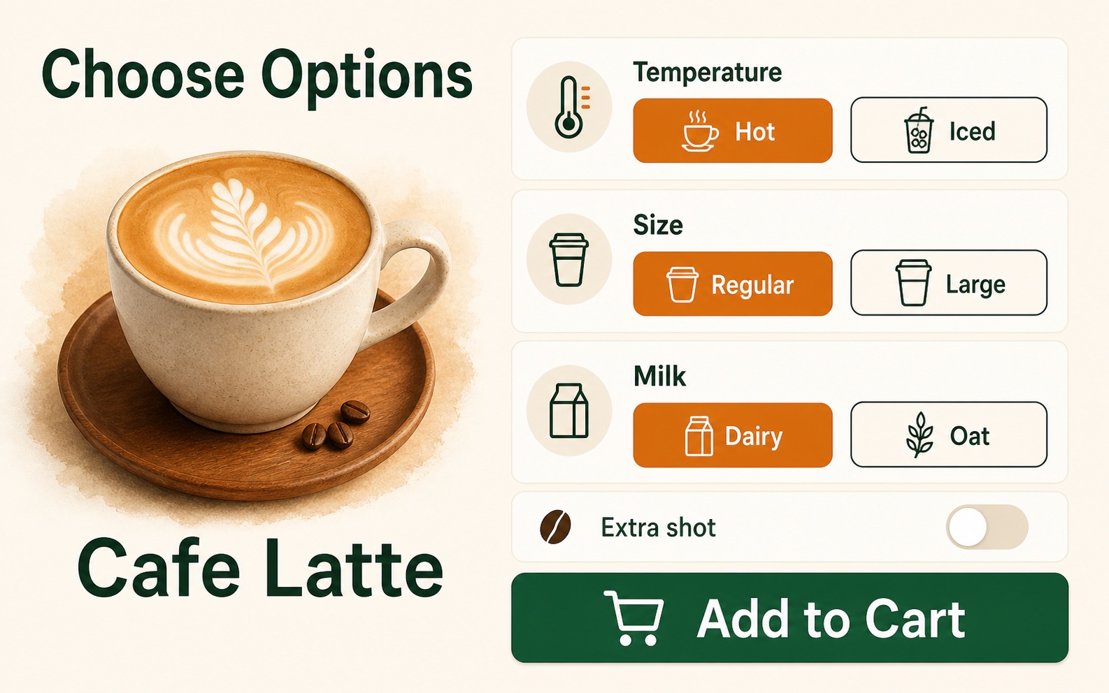 Cafe kiosk options for hot or iced, drink size, milk and extra shot