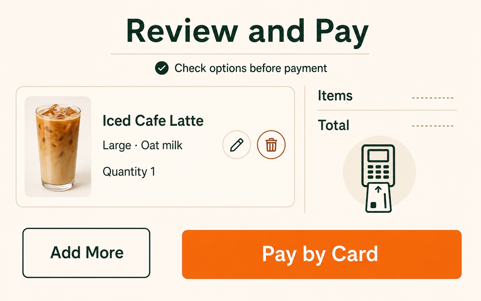 Cafe kiosk cart review and card payment screen