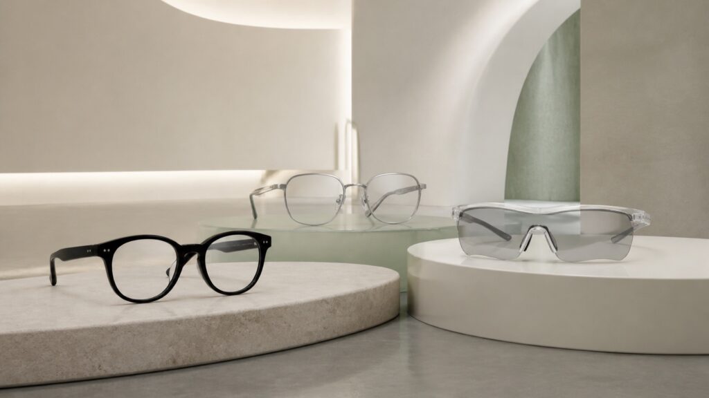 Eyewear displayed in a futuristic gallery
